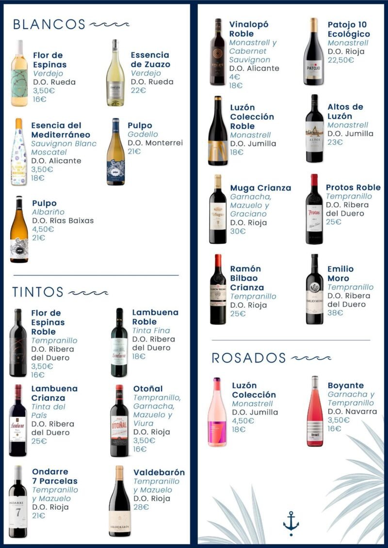 Interior de la carta de vinos de Costa Nova