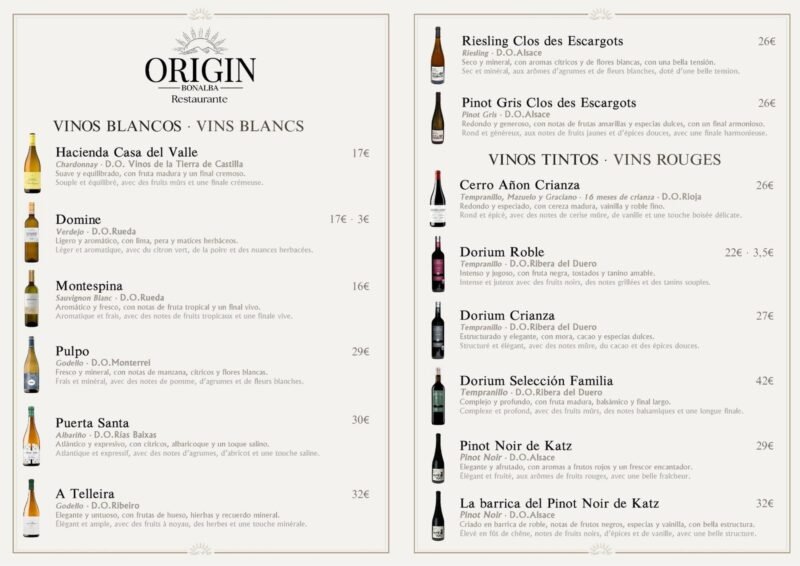 Carta de vinos del restaurante Origin