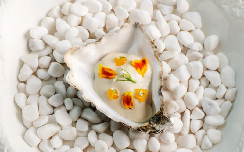 Ostra sobre piedras blancas, alta cocina del Park Hyatt Bangkok